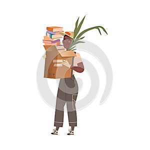 Cute boy carrying cardboard boxes with books and houseplant. People moving to new apartments cartoon vector illustration