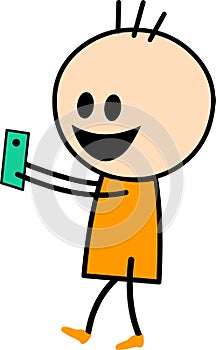 A cute boy cartoon enjoying his mobile phone while walking.