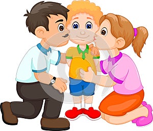 Cute boy cartoon kissed by mother and father photo