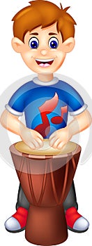 Cute boy cartoon playing drum with smile