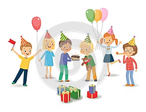 Cute boy celebrating birthday with her friends. Vector isolated