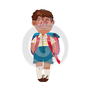 Cute Boy Character with Backpack Going to School Vector Illustration