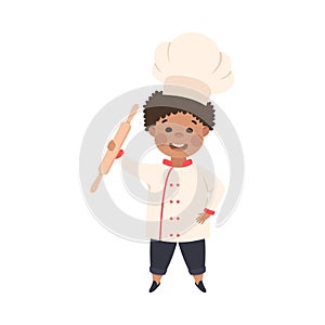 Cute Boy Chef Cook with Rolling Pin, Smiling Kid in Chef Uniform Cooking in Kitchen Cartoon Style Vector Illustration