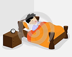 Cute boy or child is sleeping at bed on night time isolated on background. Vector illustration in flat cartoon style