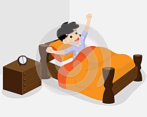 Cute boy or child walk up at bed on morning time isolated on background. Vector illustration in flat cartoon style