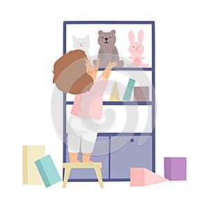 Cute Boy Cleaning Up His Toys and Putting Them In Cupboard, Kid Doing Housework Chores at Home Vector Illustration