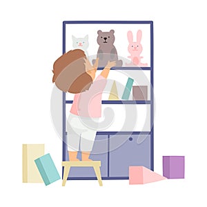 Cute Boy Cleaning Up His Toys and Putting Them In Cupboard, Kid Doing Housework Chores at Home Vector Illustration photo