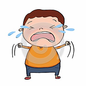 Cute boy crying cartoon illustration and tears photo