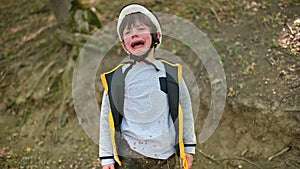 Cute Boy Crying in Forest After Falling