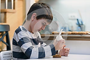 Cute boy decorating holiday gingerbread cookies at home kitchen