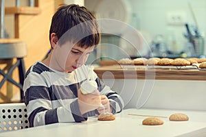 Cute boy decorating holiday gingerbread cookies at home kitchen