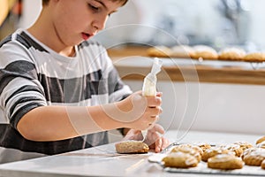 Cute boy decorating holiday gingerbread cookies at home kitchen