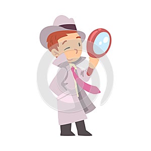 Cute Boy Detective with Magnifying Glass Cartoon Character Style Vector Illustration