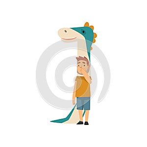 Cute Boy in Dinosaur Costume, Funny Kid Dressed for Carnival or Masquerade Party Vector Illustration