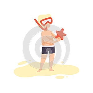 Cute Boy in Diving Mask Holding Starfish, Kid Having Fun on Beach on Summer Holidays Vector Illustration