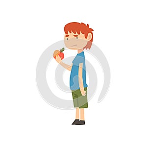 Cute Boy Does Not Want to Eat Apple, Child Does Not Like Healthy Food Vector Illustration Vector Illustration