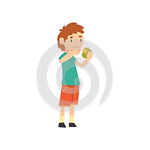 Cute Boy Does Not Want to Eat Apple, Child Does Not Like Fruits Vector Illustration Vector Illustration