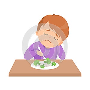 Cute Boy Does Not Want to Eat Broccoli, Kid Does Not Like Vegetables Vector Illustration
