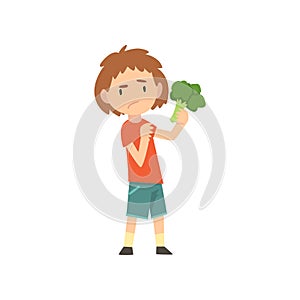 Cute Boy Does Not Want to Eat Brokkoli, Child Does Not Like Healthy Food Vector Illustration Vector Illustration