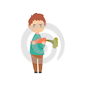 Cute Boy Does Not Want to Eat Carrot, Child Does Not Like Healthy Food Vector Illustration Vector Illustration
