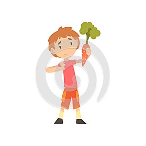 Cute Boy Does Not Want to Eat Carrot, Child Does Not Like Vegetables Vector Illustration Vector Illustration