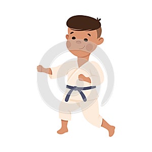 Cute Boy Doing Karate, Kid in Kimono Doing Sports, Active Healthy Lifestyle Concept Cartoon Style Vector Illustration