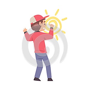 Cute Boy Drawing Sun on Wall, Kid Drawing with Colorful Chalk Pencils and Crayons, View from Behind Cartoon Style Vector