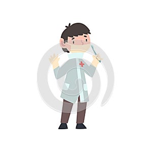 Cute Boy Dressed as Surgeon Doctor, Kids Future Profession, Boy in White Coat Standing with Scalpel Vector Illustration