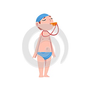 Cute Boy Dressed as Swimming Coach, Kids Future Profession, Boy Swimmer with Whistle Vector Illustration