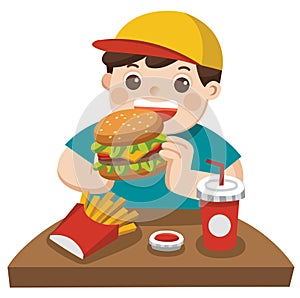 A cute Boy eat hamburger with french fries, and soda.