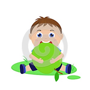 Cute boy eating apple. Child with fruit. Vector cartoon illustration for print, design