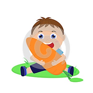 Cute boy eating carrot. Child with vegetable. Vector cartoon illustration for print, design