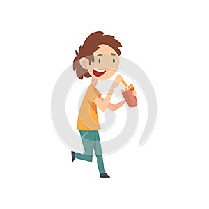 Cute Boy Eating French Fries, Child Enjoying Eating of Fast Food Vector Illustration