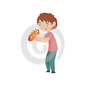 Cute Boy Eating Hotdog, Child Enjoying Eating of Fast Food Vector Illustration