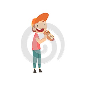 Cute Boy Eating Hotdog, Child Enjoying Eating of Fast Food Vector Illustration