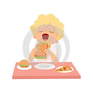 Cute Boy Eating Sandwich, Kid Enjoying Eating of Fast Food Vector Illustration