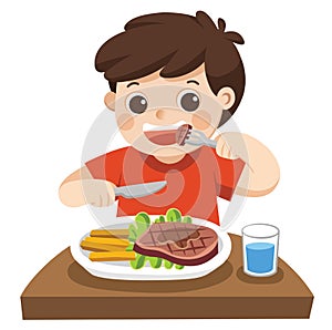 A cute boy is eating steak with vegetables.