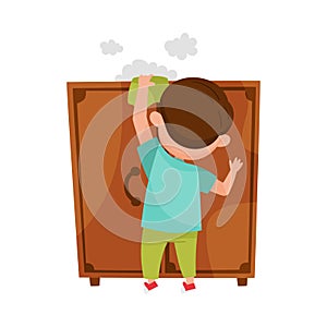 Cute Boy Engaged in Dusting Closet Vector Illustration