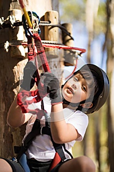 Cute boy enjoying zip line adventure on sunny day