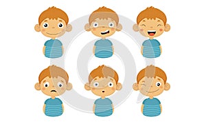 Cute Boy Facial Emotions Set, Kids Face with Different Expressions, Boy Showing Moods Variety Vector Illustration