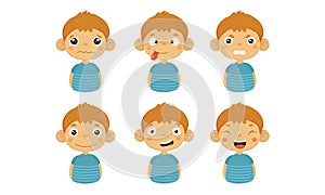 Cute Boy Facial Emotions Set, Kids Face with Different Expressions Vector Illustration