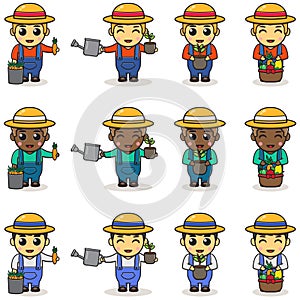 Cute Boy farmer vector design with watering can, plant and vegetables.