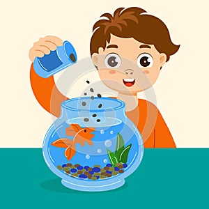 A cute boy is feeding a fish in a round glass aquarium. Baby illustration, print