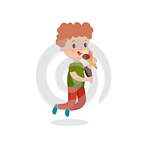 Cute boy feeling happy with his ice cream cartoon vector illustration