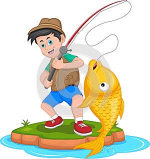 Cute boy fishing cartoon on white background