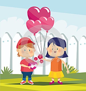 Cute boy with flowers and girl with heart ballons, colorful design