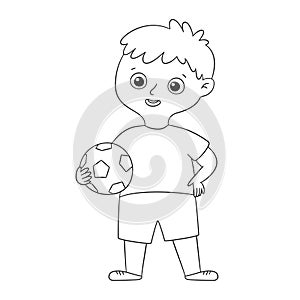 Cute boy footballer standing and holding the ball in his hand. Kid with a soccer ball in doodle and liner style. Vector