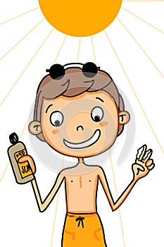 cute boy or girl applying sunscreen on a sunny day.