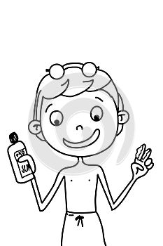 cute boy or girl applying sunscreen on a sunny day.Coloring page