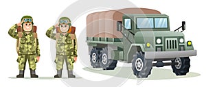 Cute boy and girl army soldier carrying backpack characters with military truck